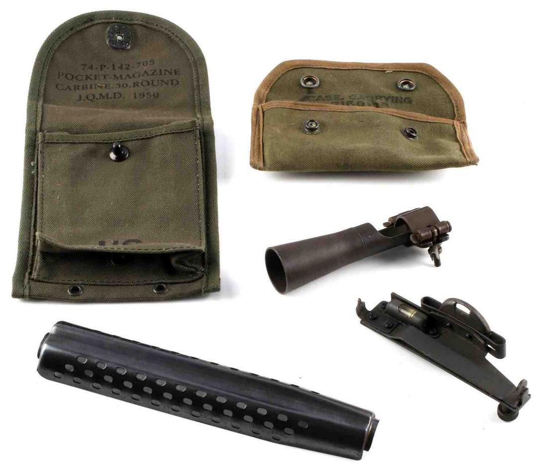 M-1 FLASH SUPPRESSOR M15 CARBINE POUCH: Mixed lot M-3 U Hider Flash M-1 suppressor, M-15 grenade launcher sight, hand guard and 1950 dated carbine magazine pouch