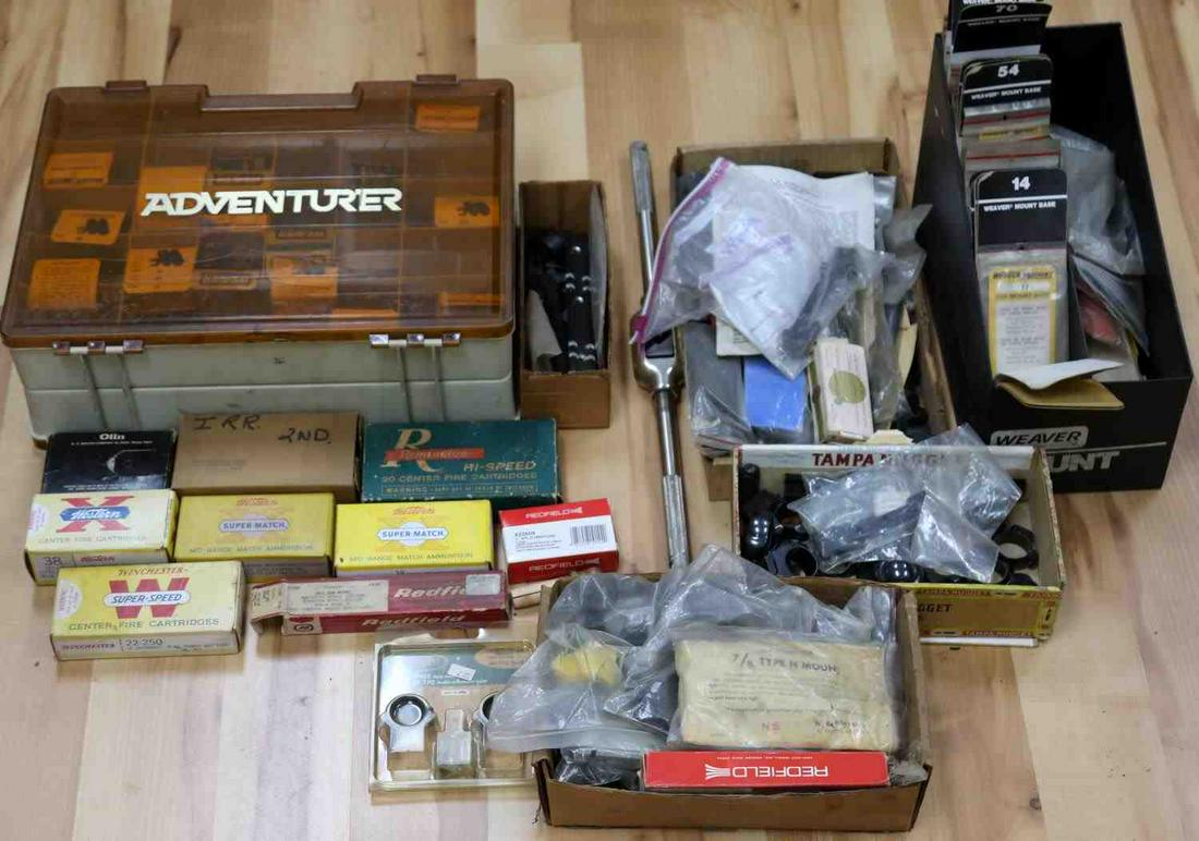 VARIETY LOT OF RIFLESCOPE RINGS MOUNT AMMUNITION: Ex gunsmith Large lot of rifle mounts and rings. 1 inch split medium, Weaver 60A, 62, TO-09, TO-10, and many more still in packages. As photographed. Good condition. Ammo includes .38 special and (8) 