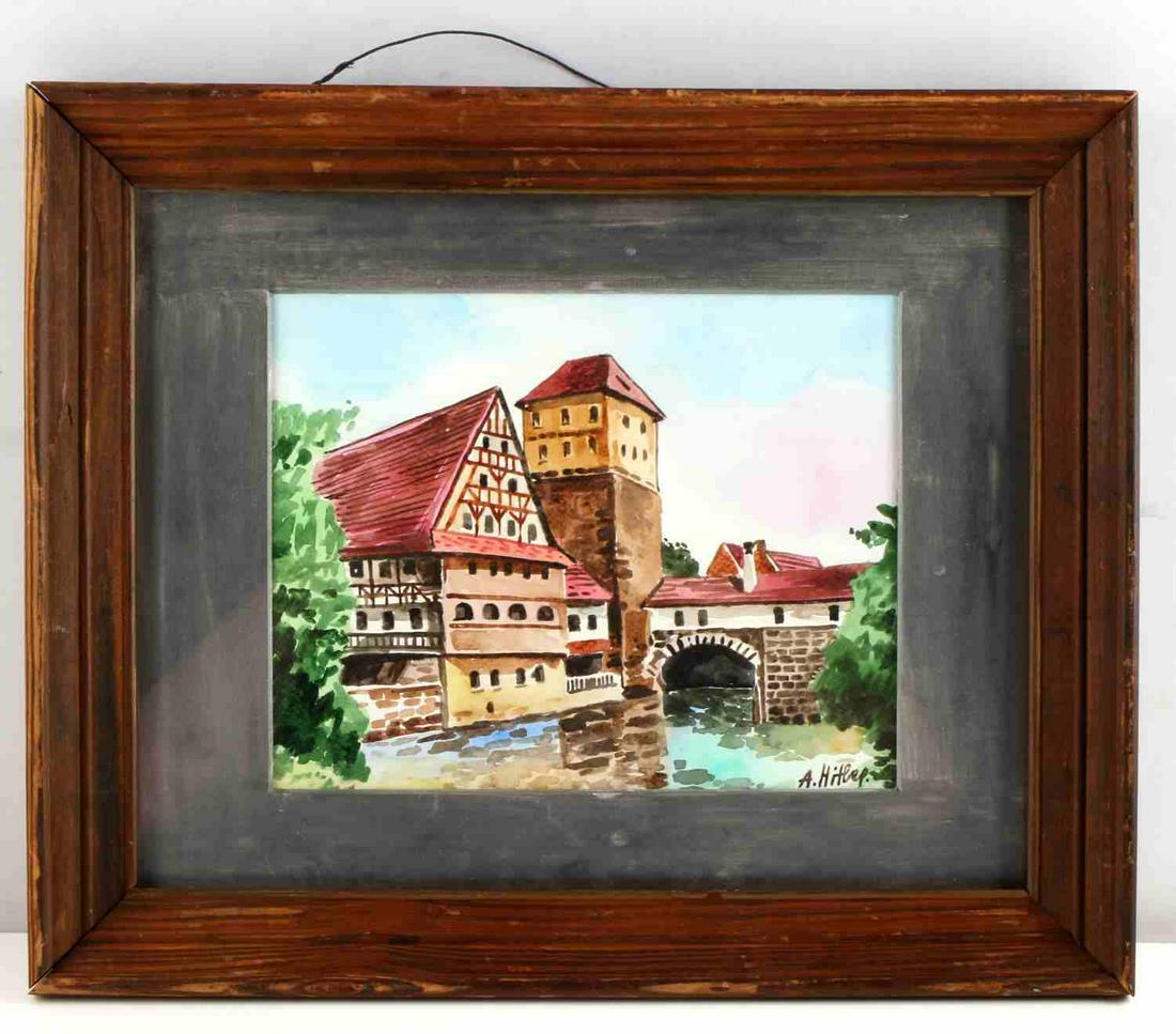 ADOLF HITLER WATERCOLOR PAINTING WITH COA: Adolf Hitler (1889 – 1945) Austrian-born German politician who was the dictator of Germany from 1933 to 1945. In 1907, Hitler went to live in Vienna and study fine art before joining the military. T