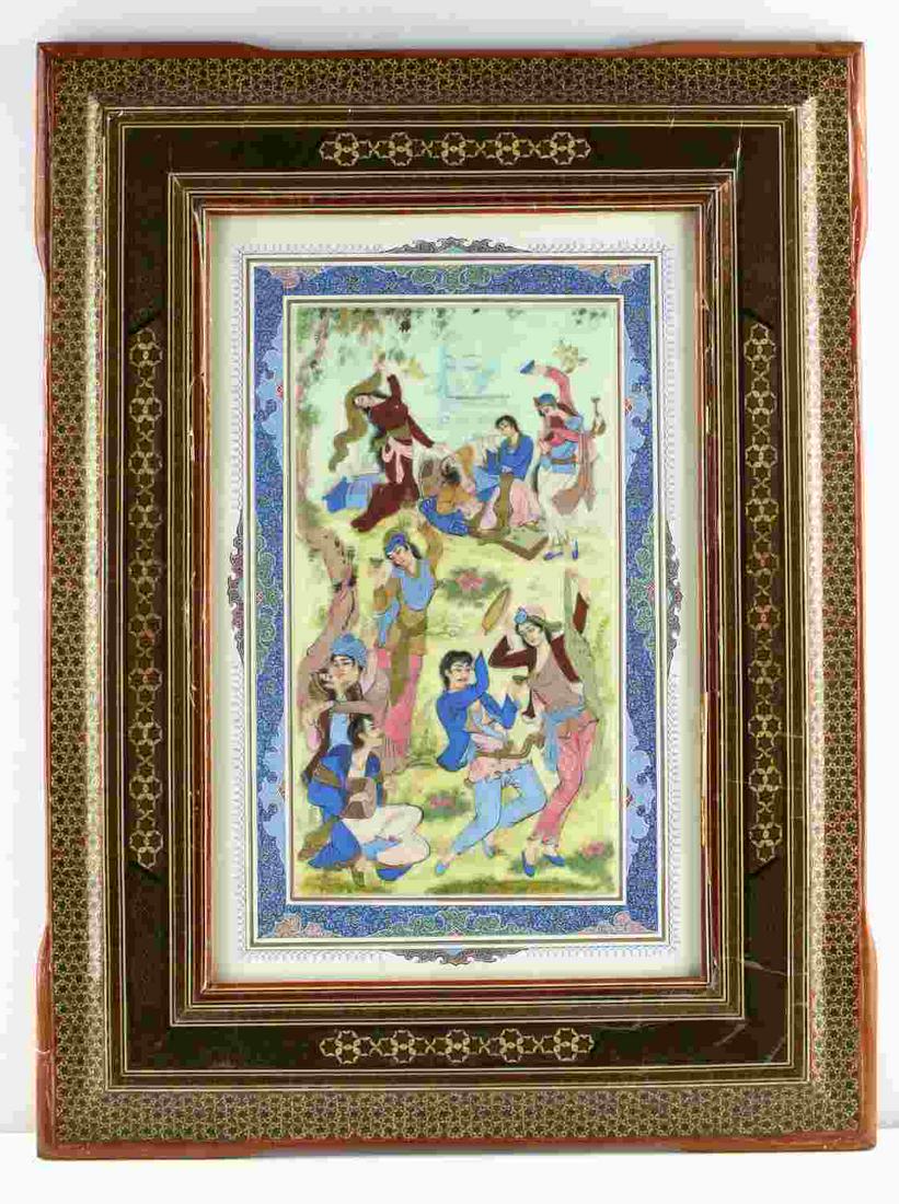 INDO ASIAN TURKISH PAINTED TILE WALL HANGING: Vintage Anatolian tile art wall hanging with erotic dance imaging and a finely hand styled ink border (19 x 12 inches). The 28 x 21 inch decoupage with inlay frame has some flaking on loss primarily t
