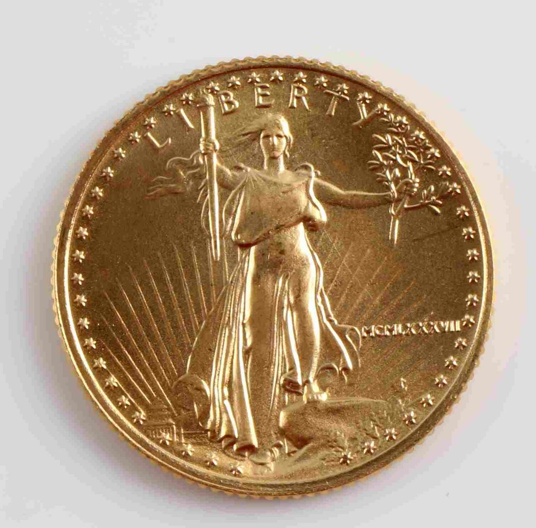 1987 GOLD 1/10 OZ AMERICAN EAGLE BU COIN: Brilliant uncirculated gold coin