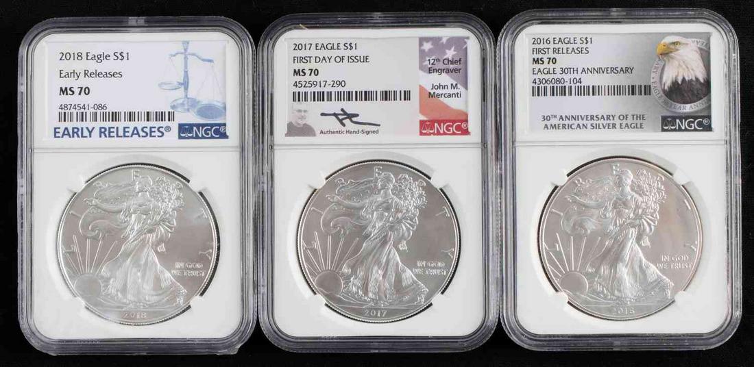 2016 2017 2018 NCG MS70 SILVER EAGLE 3 COIN LOT: Lot of 3 NCG graded and encapsulated 1 oz silver coins include: 2016 First Release MS70 30th Anniversary Silver Eagle, 2017 First day of issue MS70 Mercanti signed Silver Eagle and a 2018 Early releas