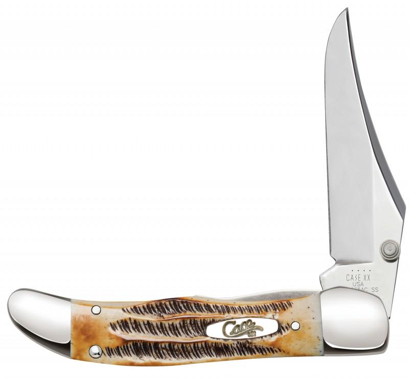 CASE KNIFE KICKSTART MID FOLDING BONE STAG HUNTER: New Case knife with hand flamed bone stag handle, mirror polished Tru-Sharp Surgical Steel one hand assisted opening Clip blade, thumb stud liner lock and pocket clip. Dimensions: 4 inch (10.2cm) clos