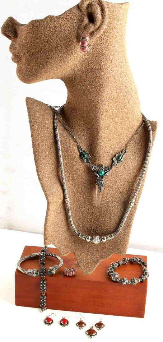 INDO ASIAN STERLING SILVER & GEMSTONE JEWELRY LOT: All acid tested and or masked 925 Sterling. Gemstones include Malachite, coral, labradorite and quartz. All in good condition. Cuff is hinged, necklaces 16 to 20 inches. Total weight 190 grams This lo