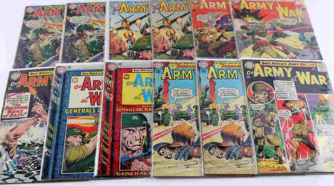 LOT OF 12 DC COMICS OUR ARMY AT WAR BOOKS: 12 DC Comic books: Our Army At War. Good condition with some discoloration and tearing. Issues 141, 142,143, 145, 146, 147, 148, 149, 150.