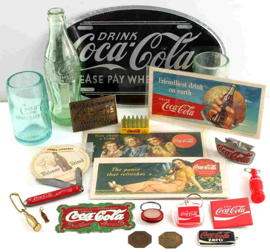 COCA COLA STRAIGHT SIDE BOTTLES & MEMORABILIA: Lot of 2 Coca items includes: 2 Early straight sided Mid Fla Ice bottles cut to be tumblers, 1 Waisted Apalachicola bottle, several 1950's card stock advertisers along with keychains, sign, pocket kni