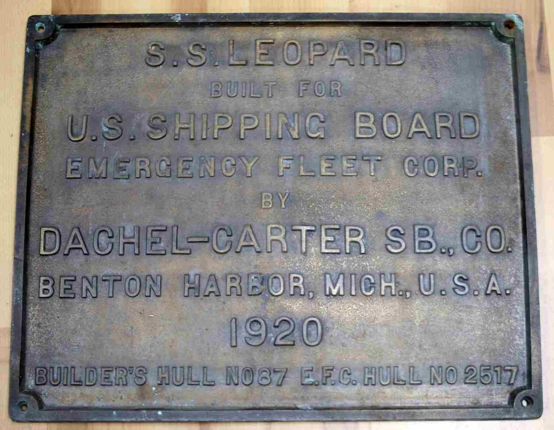 SS LEOPARD 1919 HARBOR TUG BRONZE PLATE: Large solid bronze measuring 19 by 15 inches, SS Leopard was built in 1919 and was a Harbor Tug scrapped in 1953, has a protruding bulge otherwise very good original condition,