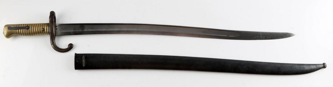 WWI FRENCH REPUBLIC CHASSEPOT BAYONET ST ETIENNE: WWI French Chassepot bayonet made from the famous "Manufacture d'armes de Saint Etienne". Blade measures 22 5/8 inches long and is marked with two French inspection marks on ricasso. Upon the blade's 