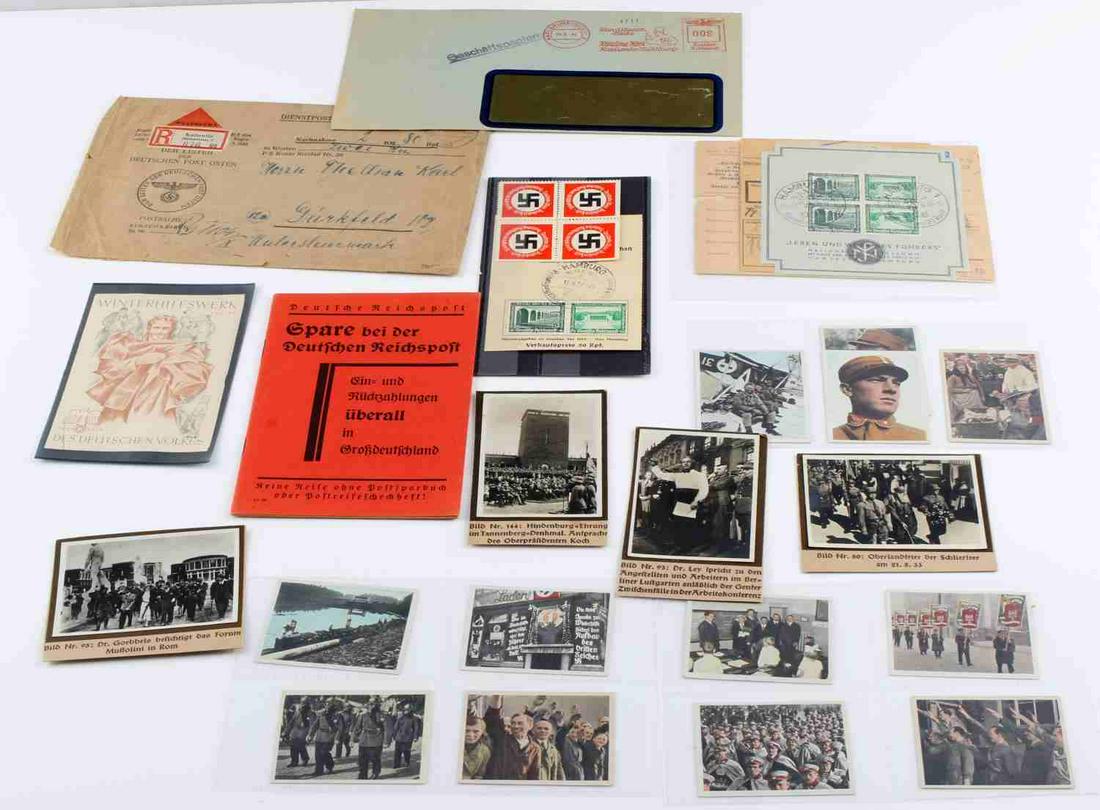 LOT OF WWII GERMAN THIRD REICH EPHEMERA AND STAMPS: Variety lot of Third Reich ephemera and stamps. Measurements range 2 1/2 - 8 inches. Good condition. Unauthenticated, sold as is.