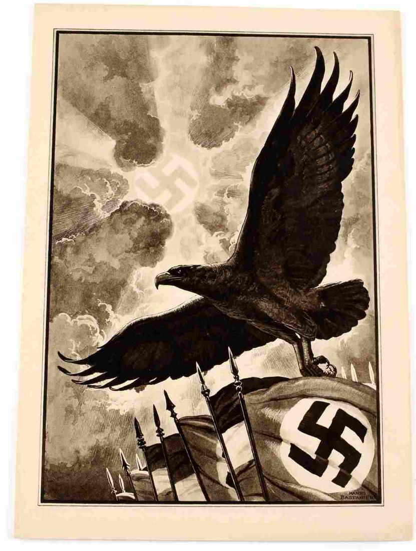 WWII GERMAN THIRD REICH TELEGRAM EPHEMERA: Third Reich Telegram. Features Flying Reichsadler with Nazi flags and a swastika in the sky. Information is located inside the document. Measures 12 inches. Good condition. Believed to be original and