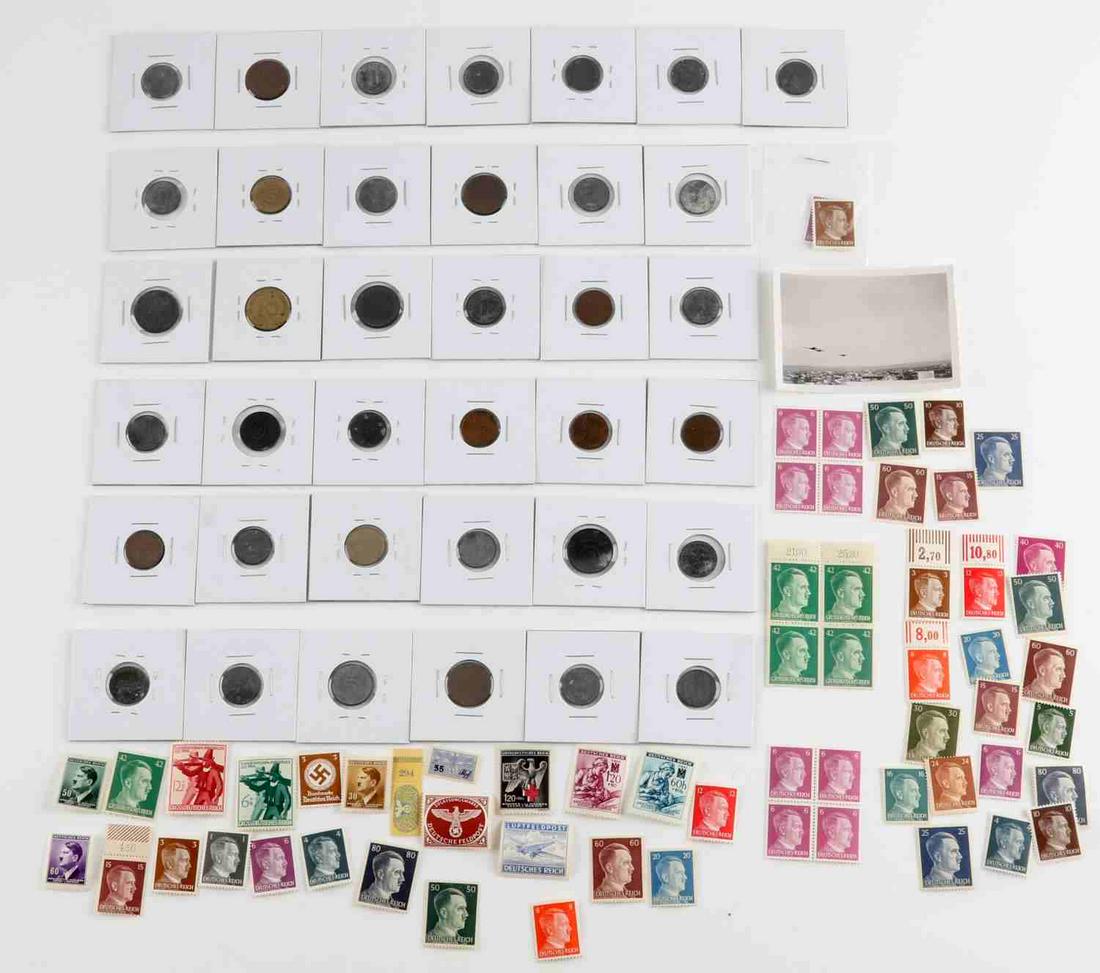 LOT OF WWII GERMAN REICH COPPER ZINC COINS STAMPS: Lot of 41 Third Reich Reichsmarks, stamps, and a picture. Variety of Reichsmark 1 - 10 in copper, zinc, and brass. Stamps have full gum. Picture shows 3 planes flying over a city. Good condition.