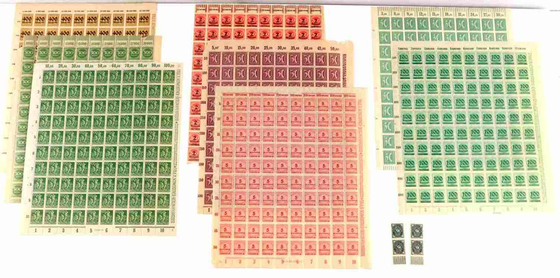 802 WWII GERMAN DEUTSCHES REICH STAMP LOT: 802 Pre-WWII and WWII German Deutsches Reich stamp lot. Value includes 400 tausend, 100 tausend, 2 millionen, 5 millionen, and more. Some overprints to change the face value. Sheets in good condition 
