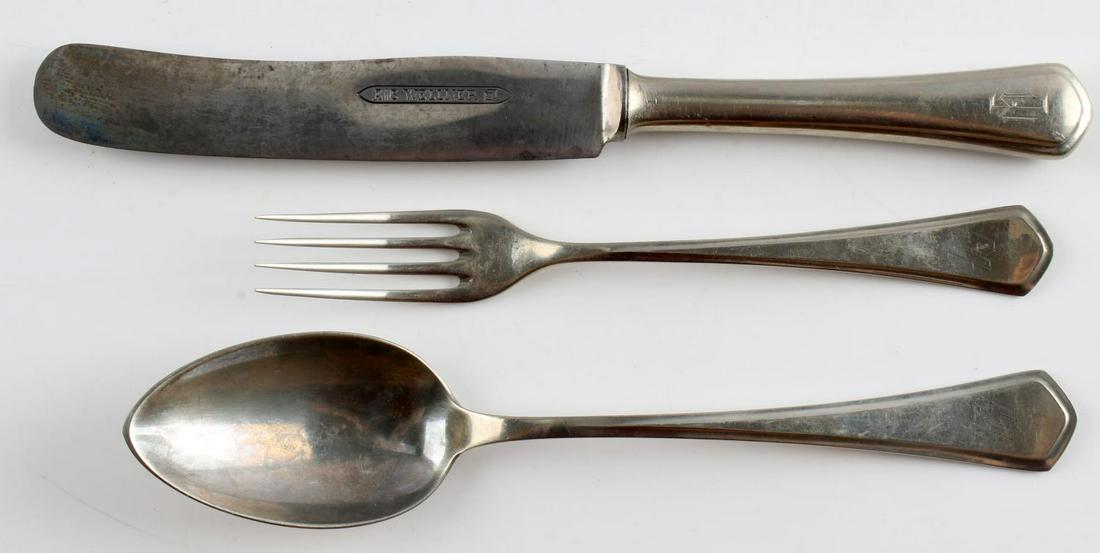 WWII GERMAN THIRD REICH SS SILVERWARE LOT OF 3: Third Reich SS silverware lot of 3. SS marked to handles. All monogrammed with EM. Wellner marked. Good condition. Measure 7 1/2 - 9 1/2 inches. Good condition. Unauthenticated, sold as is.