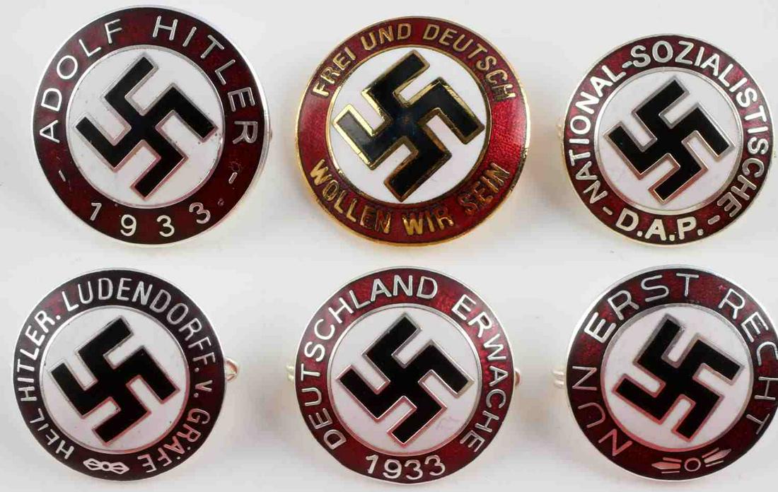 6 POST WWII PROD GERMAN THIRD REICH PARTY PIN LOT: Lot of 6 post WWII production Third Reich party pins. Red, white, black enamel. RZM marked. Measure 1 inch. Good condition. Unauthenticated. Sold "as is".