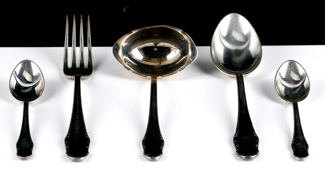 LOT OF 5 WWII GERMAN THIRD REICH SILVERWARE: Lot includes a fork3 spoons, and a serving spoon. Reverse marked with Reichsadler clutching swastika and oak leaves with an M beneath. Also marked "OKA 90-45" Unauthenticated, sold as is.