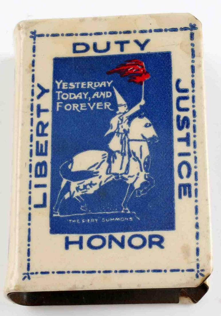 ANTIQUE KKK KU KLUX KLAN MATCH SAFE: Antique Ku Klux Klan. Enameled metal with mounted Klansmen on horseback with torch with "Yesterday, Today, and Forever" with Liberty, Duty, Justice, and Honor surrounding. "SYMWAO" to the spine. Rever