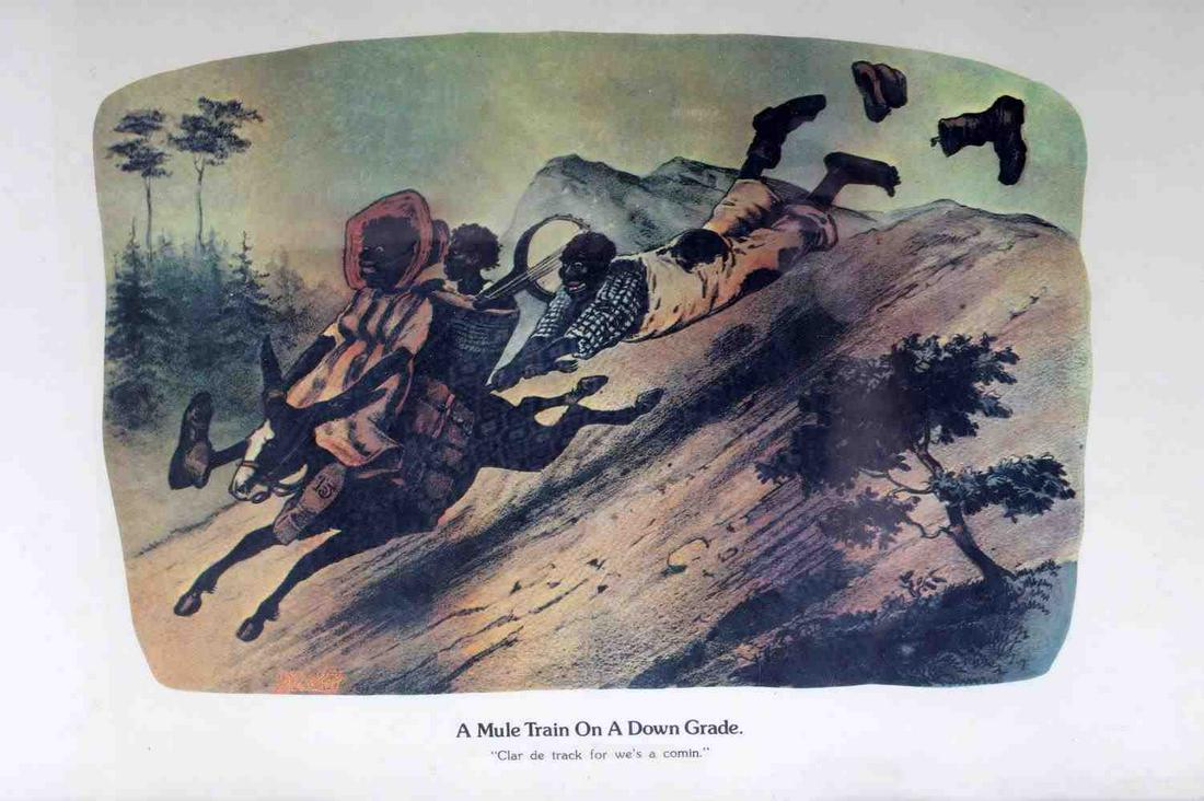 BLACK AMERICANA CURRIER & IVES DARKTOWN PRINT: Vintage Currier and Ives Lithographic print from the Darktown Series. Title: A Mule Train on the Down Grade "Clar the track for we's a comin" Framed measures 26x14 1/2, in good condition.
