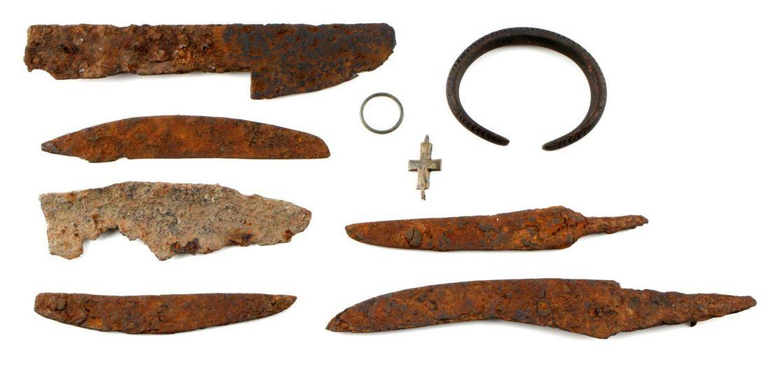 9 IRON AGE VIKING DAGGER JEWELRY KNIFE BLADE LOT: 9 9th-12th Century Iron Age Viking dagger, knife, jewelry, bracelet lot. Excavation condition. Measurements range between 3/4 and 7 inches. Unauthenticated, sold as is.