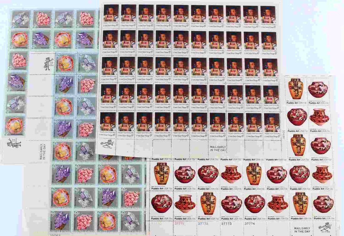 FULL MINT SHEET VINTAGE NATIVE AMERICAN & GEMSTONE: Lot of 4 vintage stamps full sheet includes: 6 cent Chief Joseph National Portrait Gallery, 13 cent Pueblo art pottery and 2 sheets of 10 cent Gemstone formations.