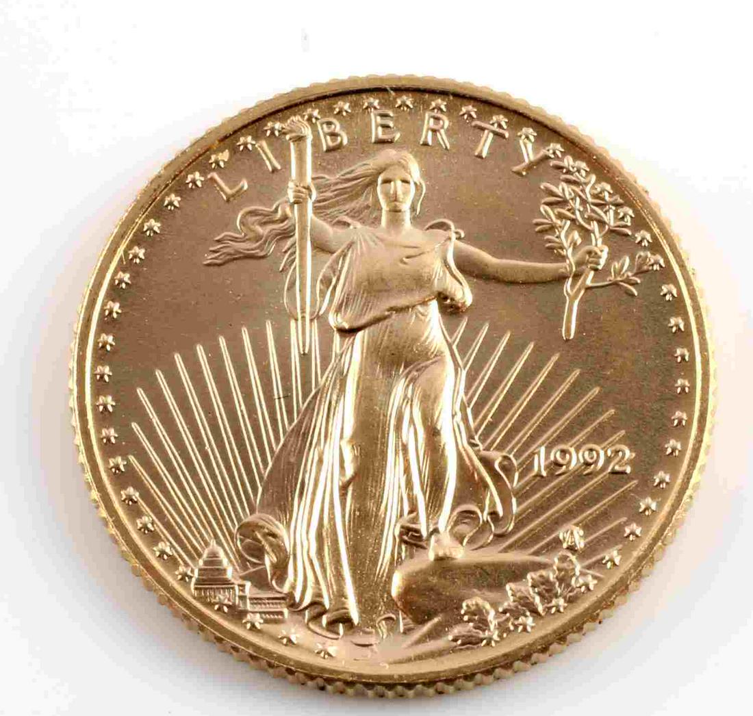 1992 GOLD 1/10 OZ AMERICAN EAGLE BU COIN: Brilliant uncirculated gold coin
