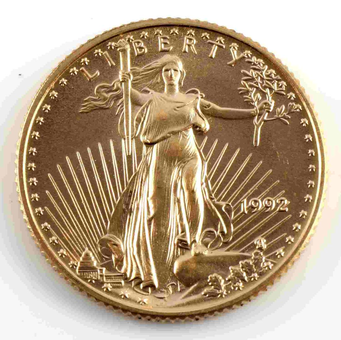 1992 GOLD 1/10 OZ AMERICAN EAGLE BU COIN: Brilliant uncirculated gold coin