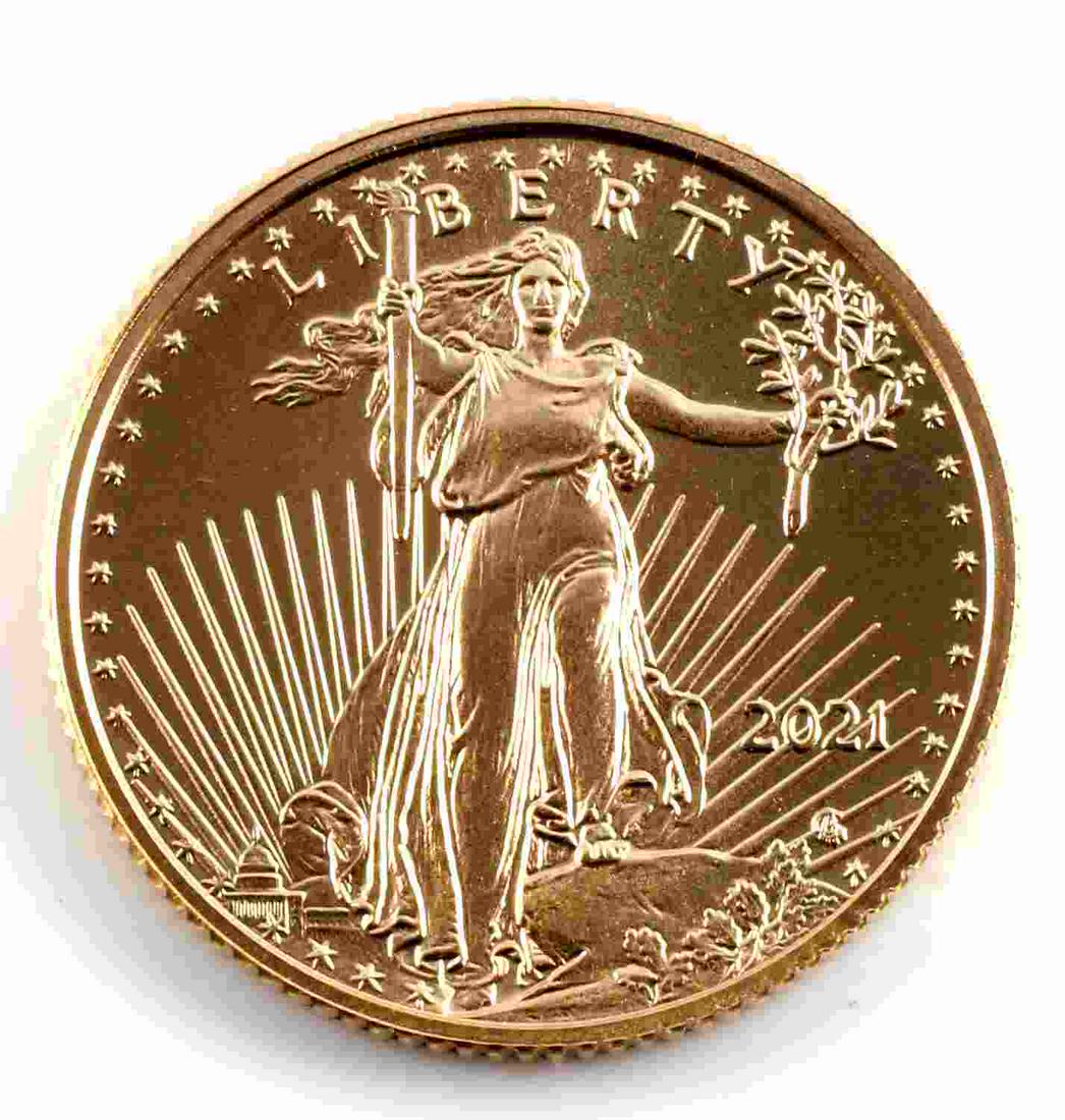 2021 GOLD AMERICAN EAGLE 1/10 OZ BU COIN: Brilliant uncirculated. This lot has a reserve.