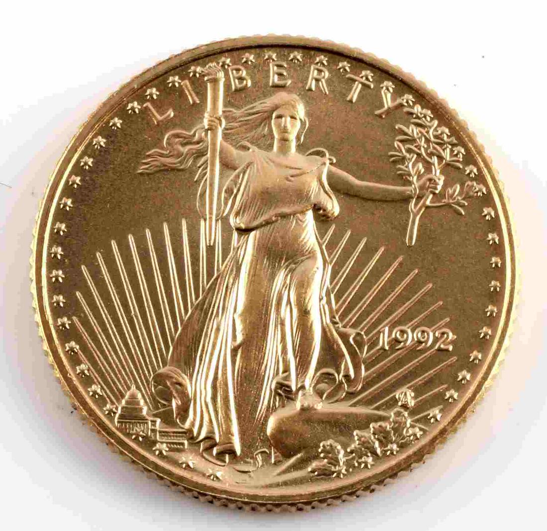 1992 GOLD 1/10 OZ AMERICAN EAGLE BU COIN: Brilliant uncirculated gold coin