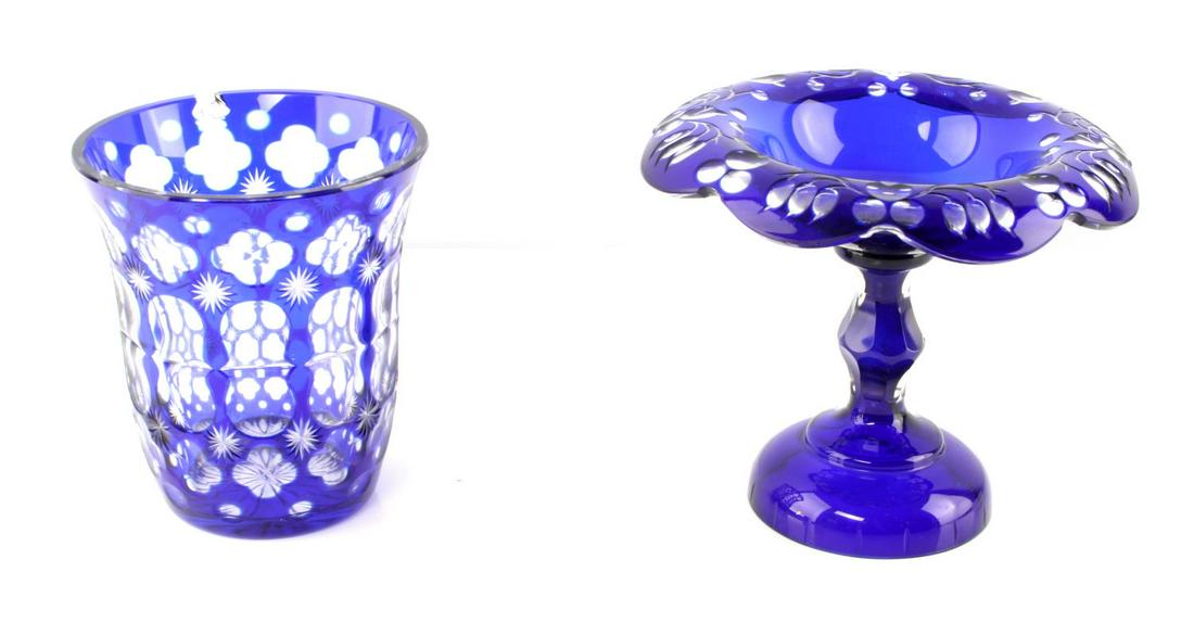 COBALT CUT TO CLEAR COMPOTE & VASE: The vas has a chip at top, compote is detraction free, each stands 6 1/4 inches.
