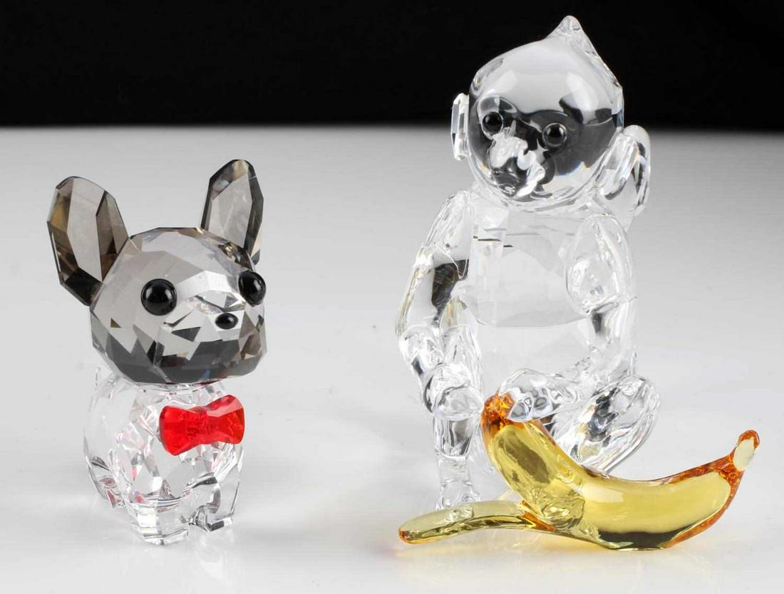 SWAROVSKY MONKEY WITH BANANA & FRENCH BULL DOG: Monkey stands 6cm, both arm damage free.