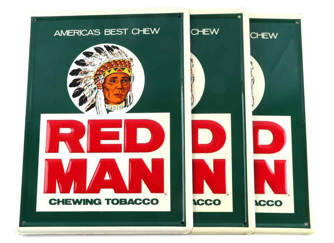 3 16 X 12 INCH PRE WARNING RED MAN TOBACCO SIGN: New old stock embossed signs, near mint 3 in all.
