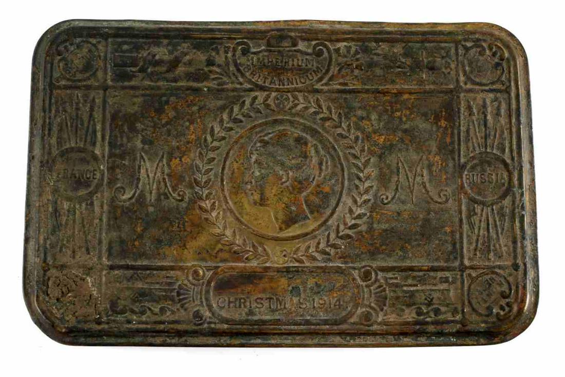 WWI BRITISH CHRISTMAS CIGAR CASE IMPERIUM: Tooled copper brass cigar case with Princess Mary Christmas' profile at center, measures 5.25 X 3.5 inches. Imperium Britannicum marked at top, letters M M at each side, France at left, Russia at righ