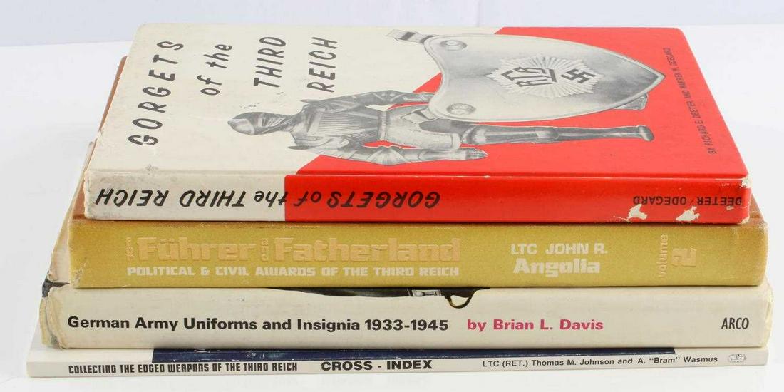 4 WWII GERMAN UNIFORM & GEAR REFERENCE BOOK LOT: Lot of four (4) includes: "For Fuhrer and Fatherland: Political & Civil Awards of the Third Reich", "Gorgets of the Third Reich", "German Army Uniforms and Insignia 1933-1945" (wear to dust jacket), a