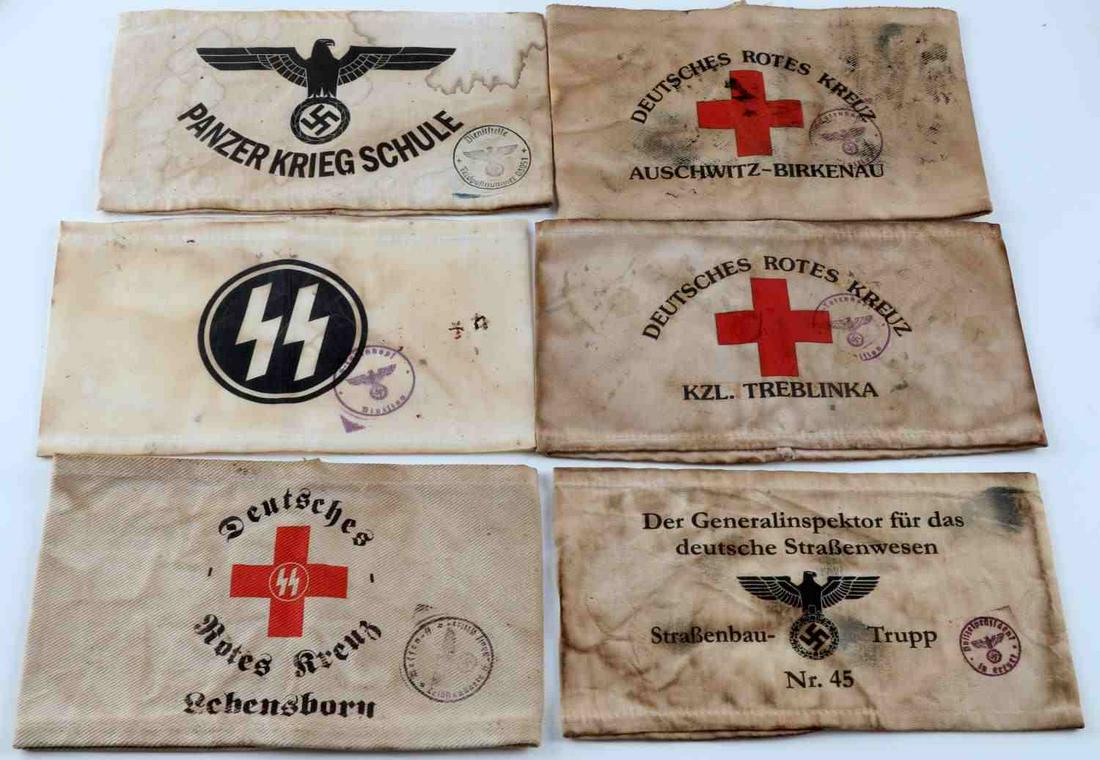 LOT 6 WWII GERMAN THIRD REICH SS PANZER ARMBANDS: Lot of 6 Third Reich SS, Panzer, Red cross armbands. Measure approximately 8 x 5 1/8 inches. Good condition. Some fluoresce. Unauthenticated, sold as is.
