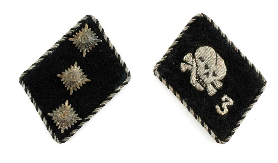 WWII THIRD REICH GERMAN ALLGEMEINE SS COLLAR TABS: One with Totenkopf and 3, the other with 3 rosettes, grey and black twisted bullion border. RZM label to one. Good condition. Unauthenticated, sold as is.