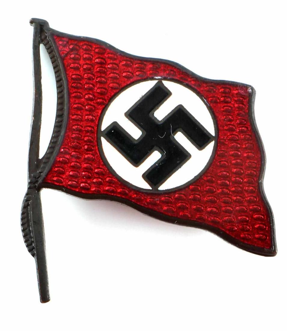 WWII GERMAN REICH NSDAP ENAMEL FLAG PARTY PIN: WWII German Reich NSDAP enamel flag party pin measuring about an inch wide by 1 1/16 inches tall. Enamel design on front, with minimal wear, in very good condition. Horizontal pin back on reverse. Una