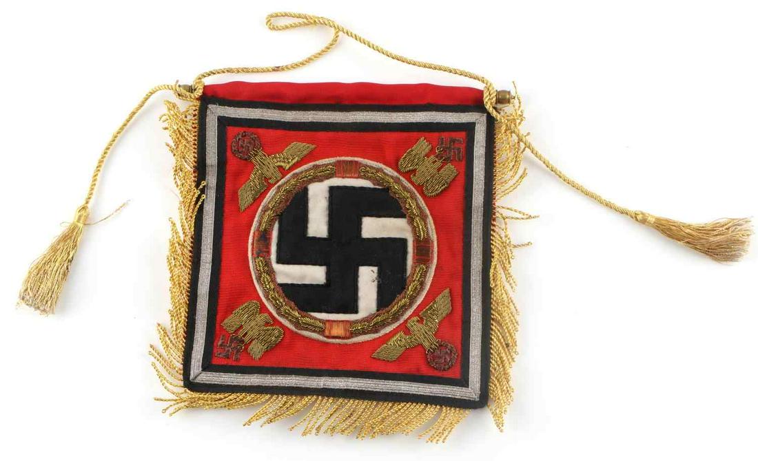 WWII GERMAN ADOLF HITLER STANDARTE DESK FLAG: German WWII Dictator Adolf Hitler Standarte Desk Flag. Measures 9” wide by 8 1/4" tall. The front shows a swastika in the center surrounded by a round gold bullion wire oak leaf wreath. There are ea