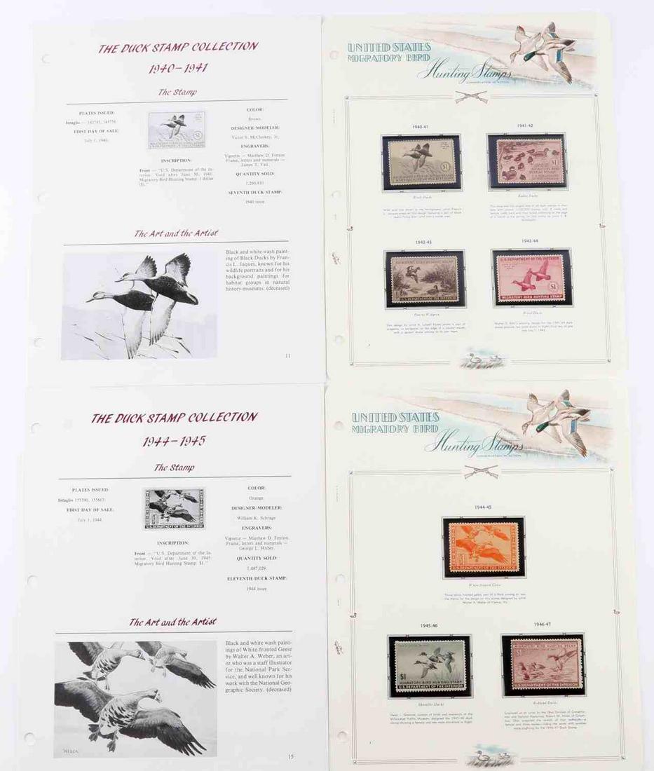 7 1940-1946 US MIGRATORY BIRD HUNTING DUCK STAMPS: 6 US Migratory Bird Federal Hunting duck stamps. RW7 issued in 1940 featuring a brown color with Black ducks art designed by Francis L. Jacques. Art off-center to top. No gum present. RW8 issued in 19