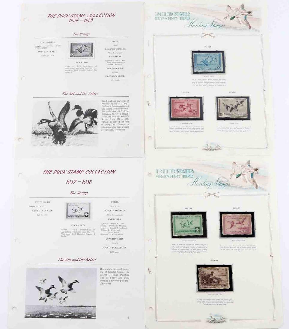 6 1934-1939 US MIGRATORY BIRD HUNTING DUCK STAMPS: Lot of 6 US Migratory Bird Federal Hunting Stamps. includes RW1-RW6. RW1 was issued in 1934 featuring a blue color with Mallard Ducks designed by Jay N. (Ding) Darling. Stamp is hinged with artwork be