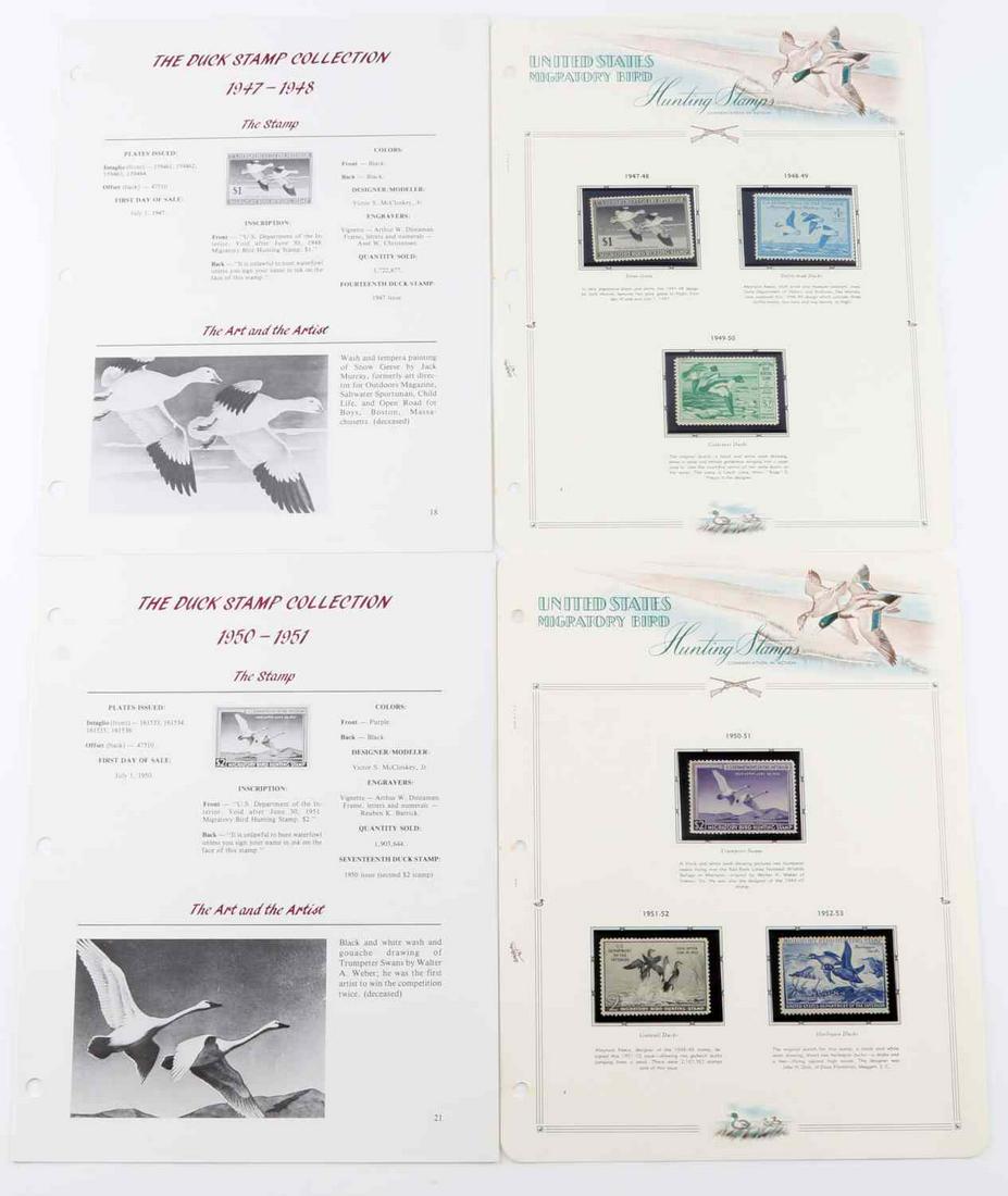 6 1947-1952 US MIGRATORY BIRD HUNTING DUCK STAMPS: 6 US Migratory Bird Federal Hunting Duck stamps. RW14 issued in 1947 featuring a black color with Snow geese art designed by Jack Murray.Slight off center to the top left. Original gum reads "It is un