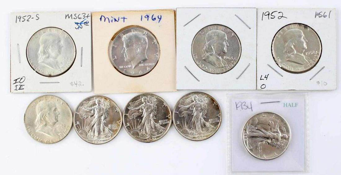 $4.50 FACE VALUE BU WALKER FRANKLIN KENNEDY HALF: Includes 4 mint state walkers 1934, 3 , 1947, Franklin 1952, 1952 D, 1952 S, and 1963 D, and a 1964 Kennedy Half, all B U coins.