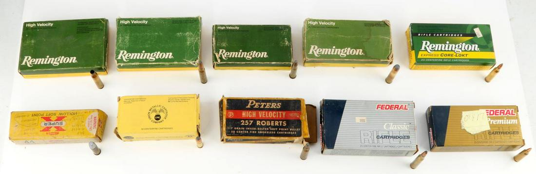 167 ROUNDS OF HARD TO FIND CALIBER AMMO: All are factory rounds and includes, 37 rounds Union .357, 14 Peters (vintage) .257 Roberts, 20 Remington 30-06, 6 .270 Win, 13 6mm Remington, 4 Marlin .444, 20 Western "vintage" .44 Magnum, 20 Reming