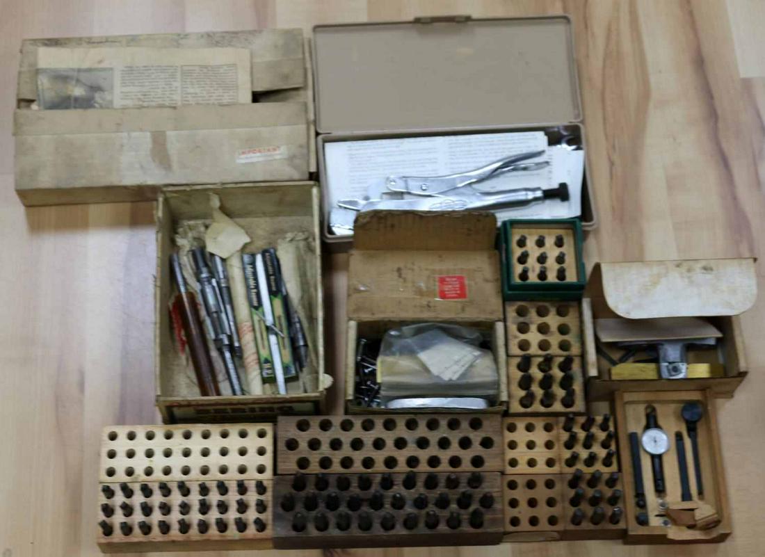 GUNSMITH TOOL LOT SCARCE DIE STAMPS BROWN & SHARPE: Die stamps, Brown & Sharpe depth meter tool kit, boxed, Recoil jig and more, as photographed.