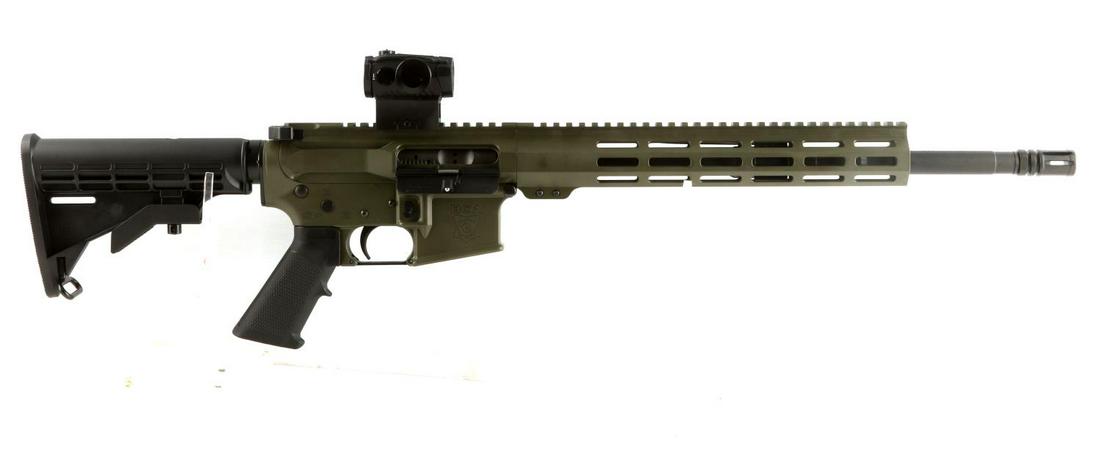 BAY COUNTRY ARMORY AR15 MODEL 5.56/.223 RIFLE: Bay County Armory AR-15 model 5.56/.223 rifle with steel barrel measuring approximately 17 1/4 inches long and featuring a bright and clean bore. Features adjustable stock, and a Sig Sauer Romeos red 