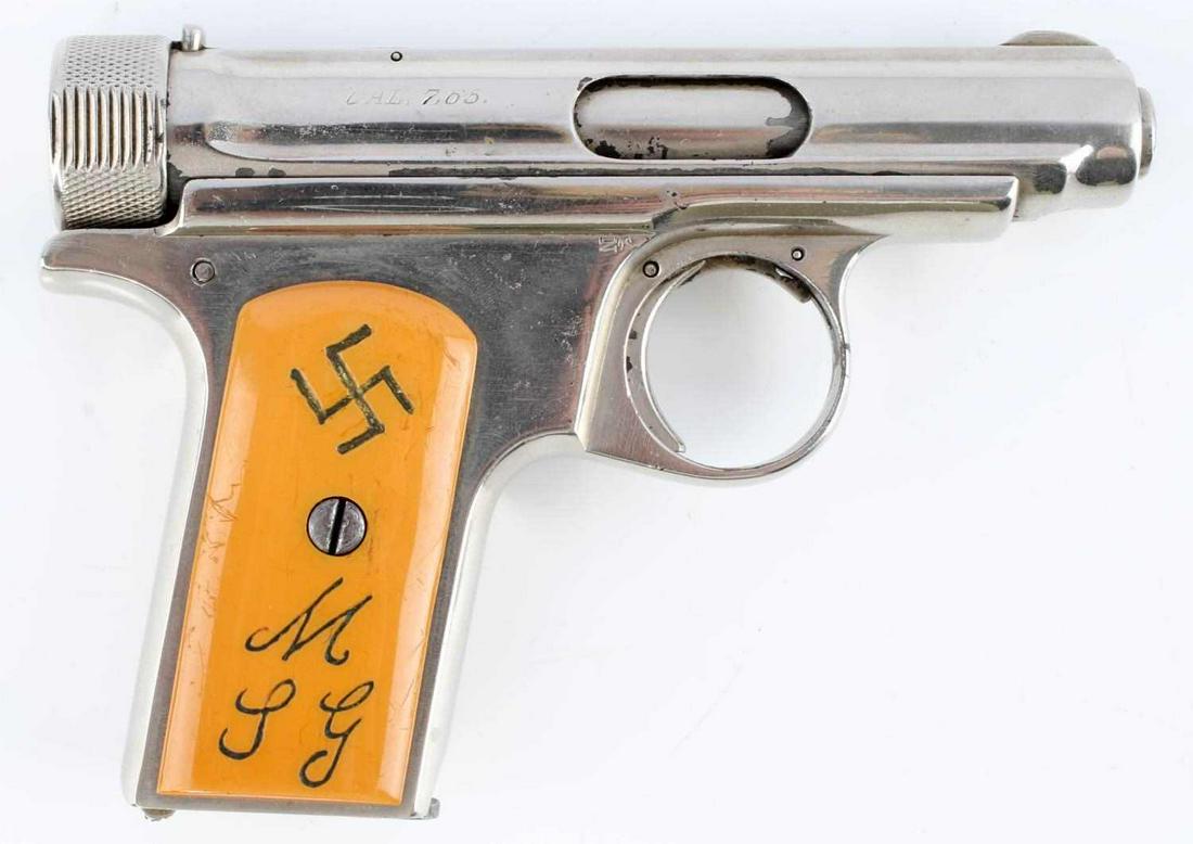 WWII GERMAN JP SAUER & SOHN 1913 NICKEL PISTOL 765: Model 1913, shiny nickel finish, maker marked at top, patent marked to left side slide, cal 7,65 marked to right side, serial number marked to left side frame, orange celluloid grips with Reichsadler 