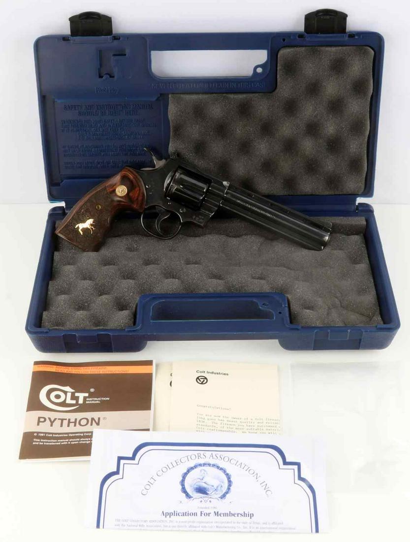 COLT PYTHON .357 MAG CUSTOM GRIP BLUED REVOLVER: 6 shot DA revolver, manufactured in 1981. 6 inch vented barrel with bright clean bore, Colt emblem, model, and caliber marked to left side, maker and proof marks to right side (Kett, eagle over N, 3 c