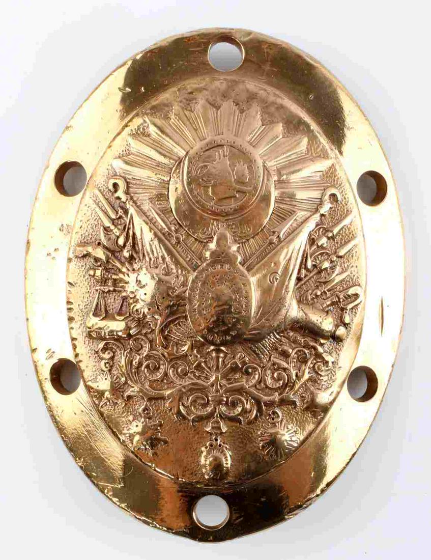 19TH CENTURY OTTOMAN COAT OF ARMS CANNON PLAQUE: Presumed a cannon plaque but possible another official seal, use wear, considered quite scarce, 6 x 5 inches. Solid brass.