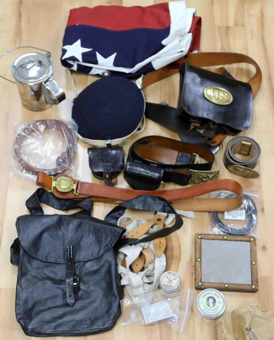 CONFEDERATE & UNION REENACTOR GEAR USEABLE: The highest quality useable reenactor gear available, union ammo and cartridge belt, union bullseye canteen, First generation Confederate flags, Confederate fully adjustable to size 40 belts, Confeder