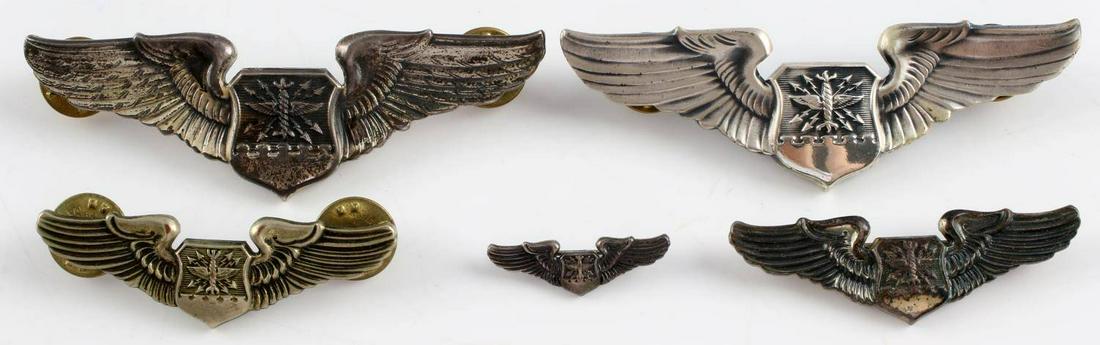 5 1951 KOREAN WAR NAVIGATOR STERLING WINGS: Measuring 1 inch 2 inch and 3 inch 1 inch is pinback sterling Meyer2 inch clutch back non sterling by Meyer, 2 inch sterling 90 Degree pinback by Meyer, 1 3 inch sterling by Simco, clutch back sterlin