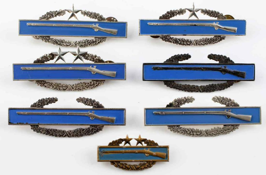 7 KOREA VIETNAM WAR STERLING COMBAT INFANTRY BADGE: Includes rare 3 conflict Meyer clutch back , 2 2 conflict badges, a 1 3/4 inch 3 conflict badge, all badges sterling and in very good original condition, 67 grams in sterling weight.