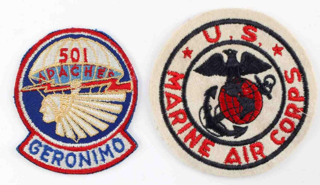 WWII US ARMY LOT OF TWO PATCHES 501 PIR & MARINES: WWII US Army lot of two patches including a 501st Apaches "Geronimo" PIR patch, and a US Marine Air Corps E.G.A. patch with an enlarged Cuba. Neither fluoresces.